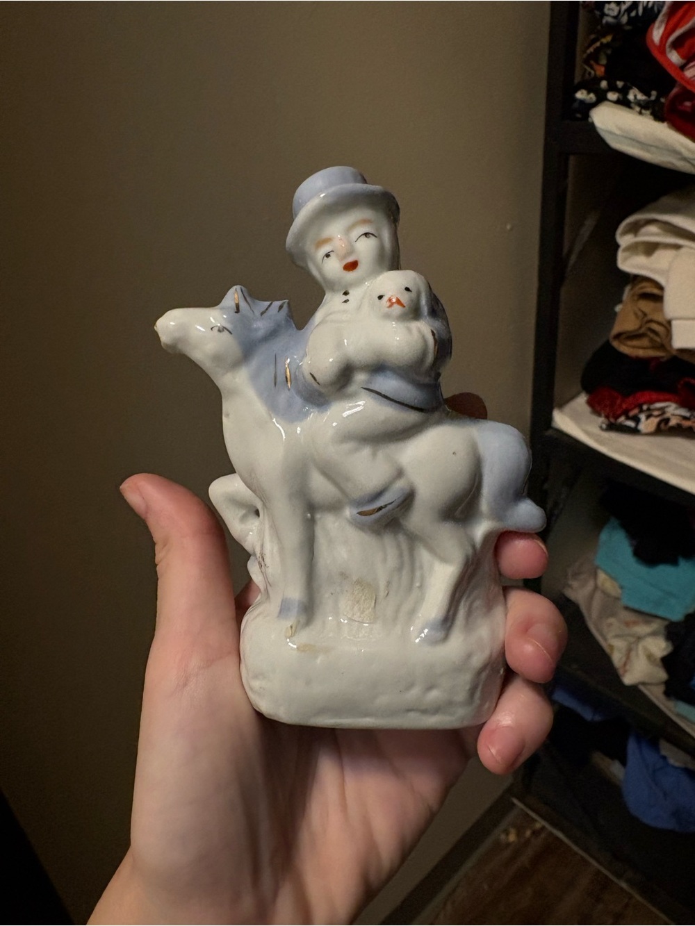 Vintage White Ceramic Figurine of Child Riding Animal